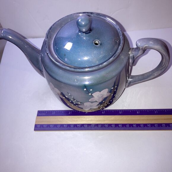 1950s VINTAGE Teapot Blue Cherry Blossom Lustreware Japan - Picture 4 of 5
